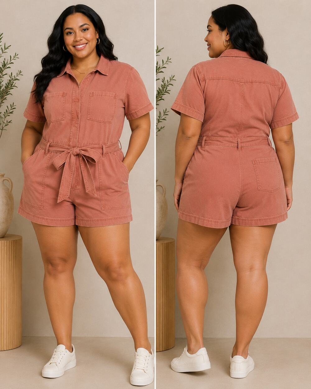 Future Collective Utility Shirt Romper Women's XL Dusty Rose Belted Short Sleeve